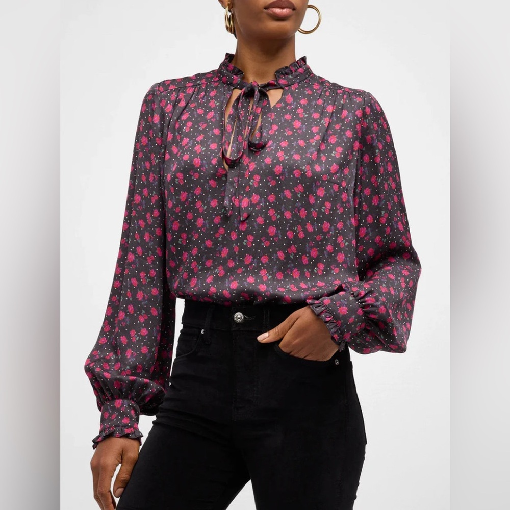 $398 VERONICA BEARD Louama Black Multi Rose Print Tie-Neck Floral Print Top Sz 4
